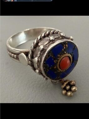Antique Handmade Nepalese Lapis Lazuli &Coral Silver Ring
